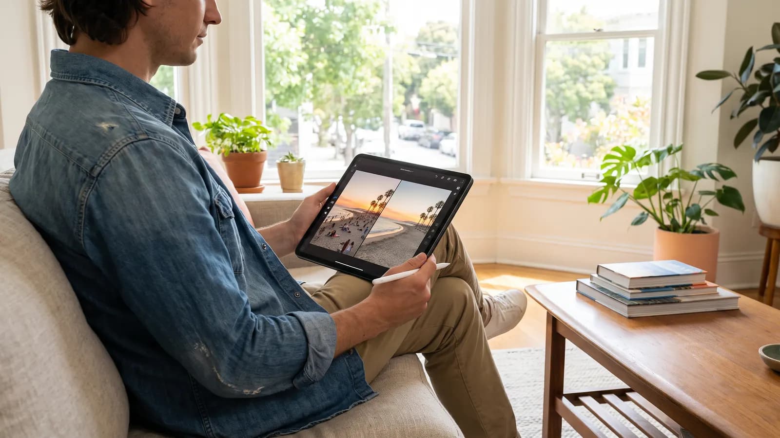 A man on a sofa editing a beach photo on a tablet with a stylus