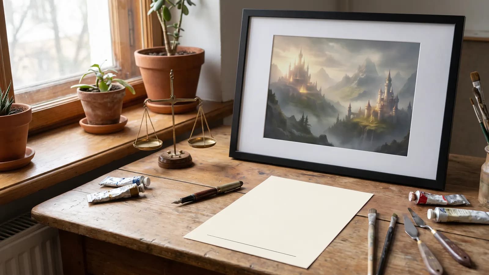 An artist's desk with a framed fantasy-landscape print, a fountain pen, a blank sheet of paper, paint tubes and a small scales-of-justice ornament on the windowsill
