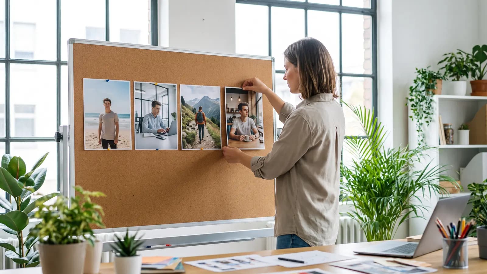 A woman pinning photos of the same young man in different settings, including a beach, an office, a mountain trail and a café, onto a corkboard