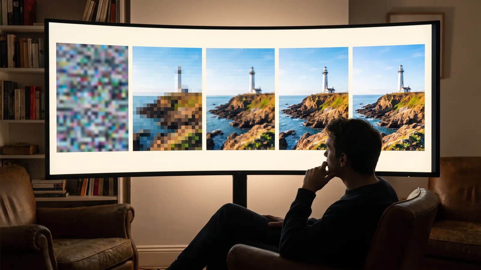 Five frames on a wide screen sharpening step by step from colourful noise into a lighthouse on a rocky coast, watched by a person in an armchair