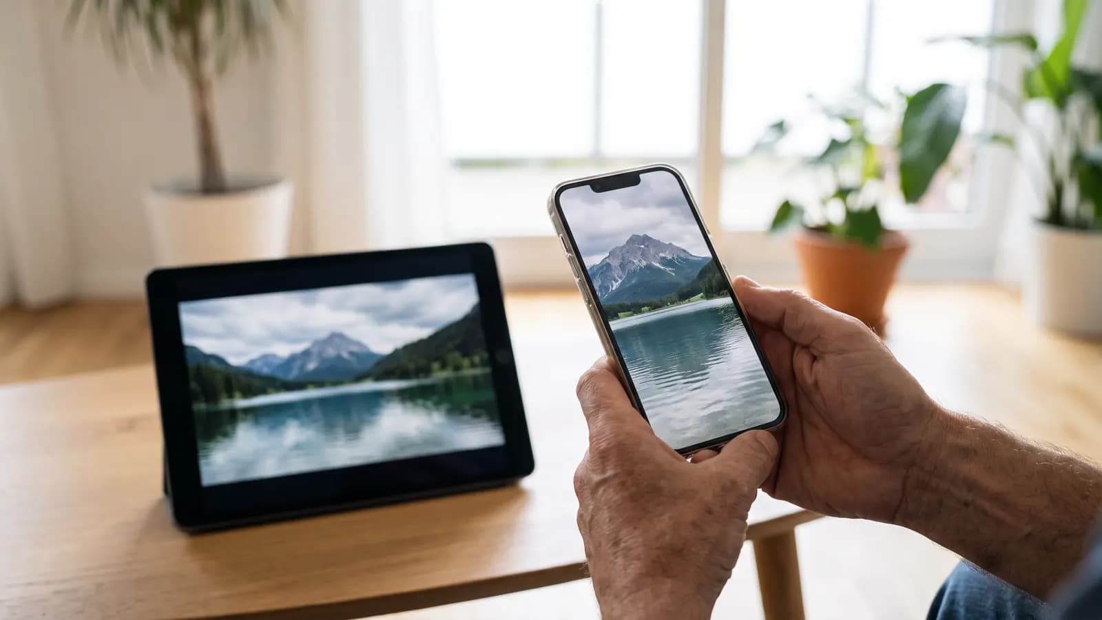 Hands holding a phone showing a mountain lake photo, while a tablet behind it plays the same scene as a moving video