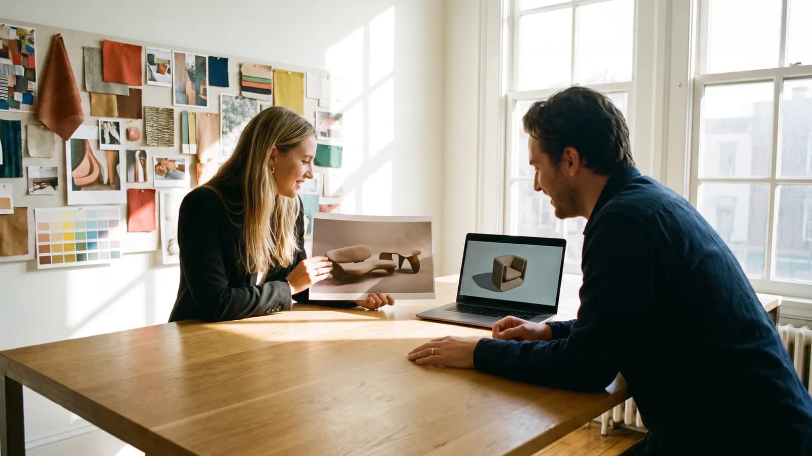 Two designers at a large table comparing a printed concept image with a video on a laptop, with a moodboard pinned on the wall behind them