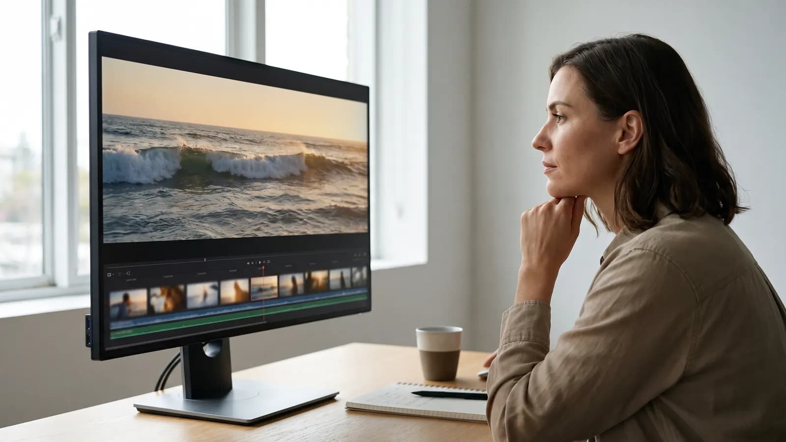 A woman in a calm studio watching a video of ocean waves at golden hour on a large monitor, with an editing timeline below the picture