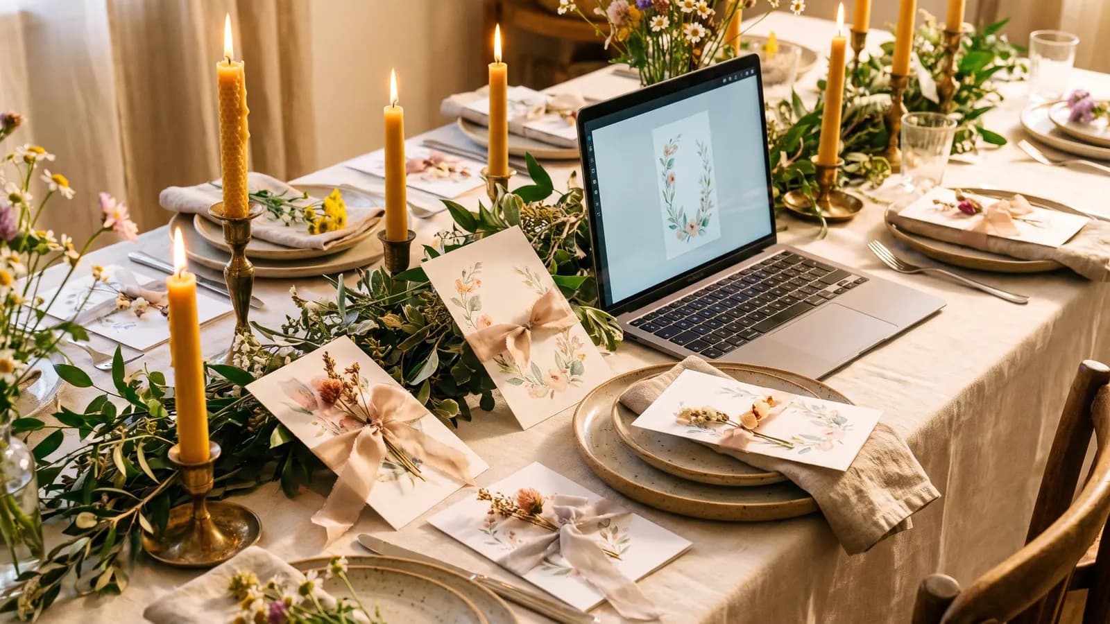A festive table with candles, flowers and printed invitation cards, a laptop showing a floral card design