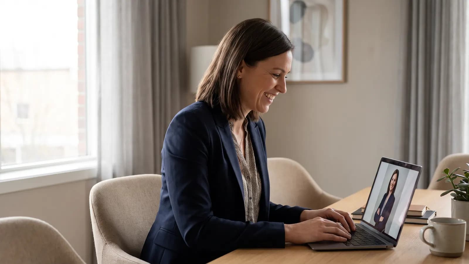 A smiling professional woman in a dark blazer at a laptop in a bright office, her headshot visible on the screen