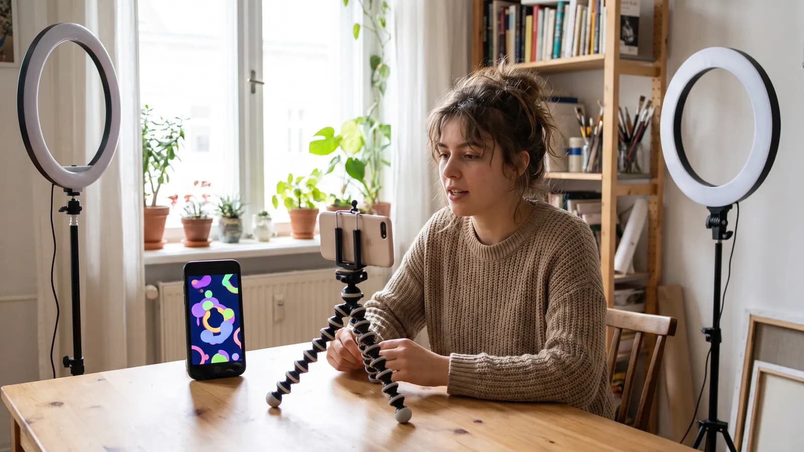 A young woman filming herself with a phone on a small tripod between two ring lights, a second phone showing a colourful vertical clip