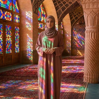 A Woman In The Mosque Under Colorful Lights