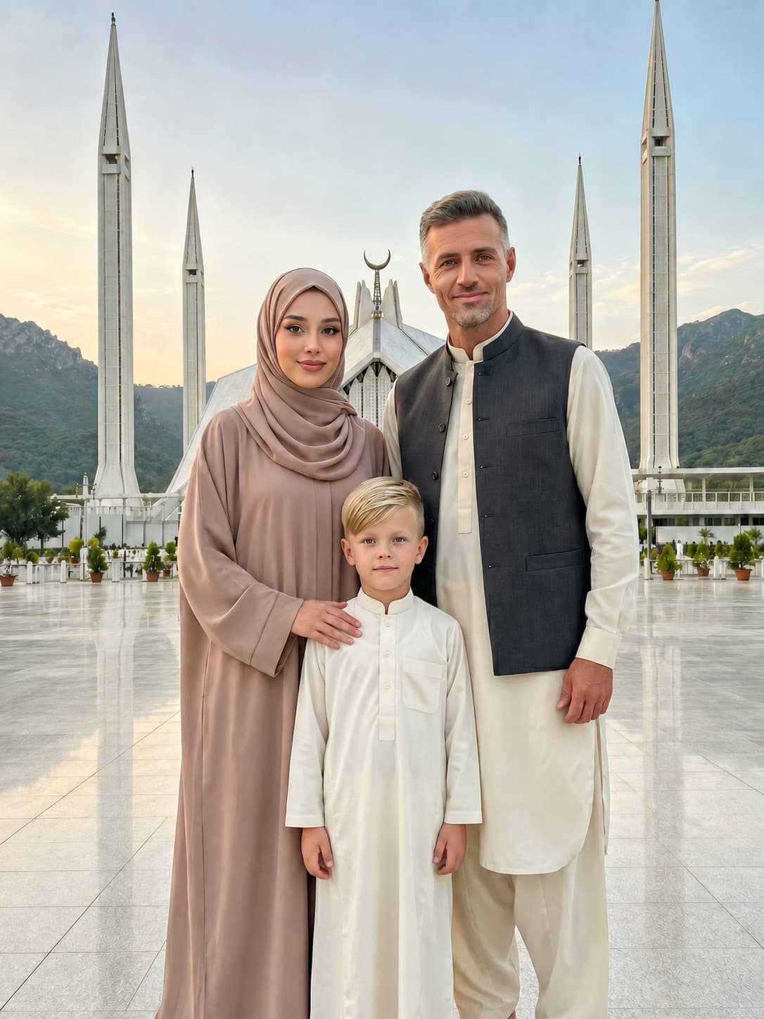 Eine Dreiköpfige Familie Vor Der Faisal-Moschee